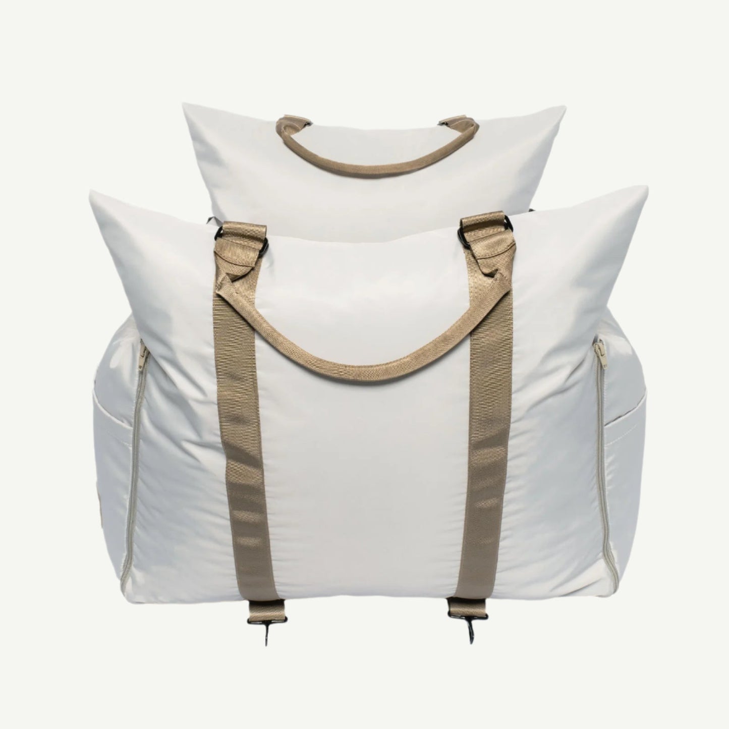 Pet bed bag with beige straps on a white background