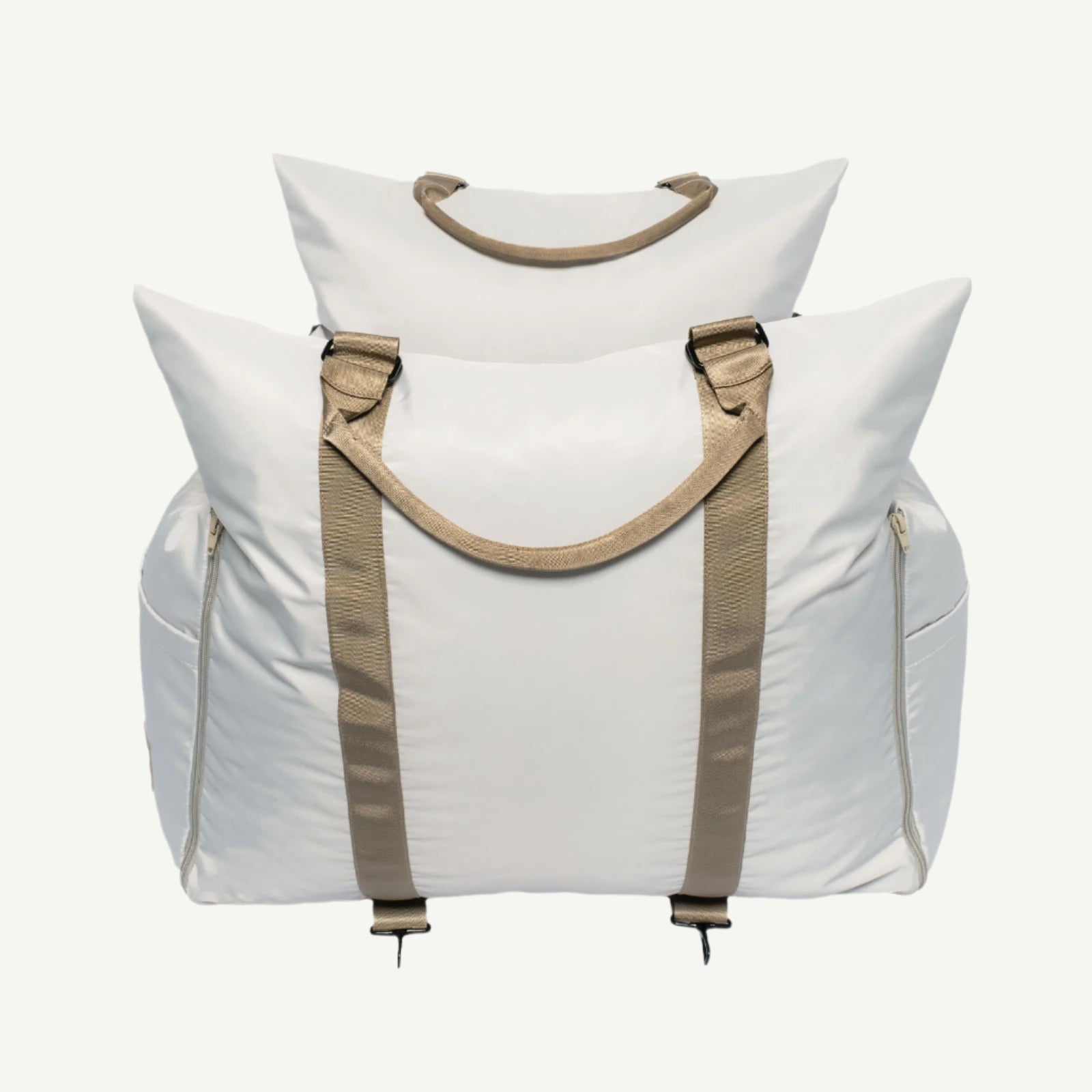 Pet bed bag with beige straps on a white background