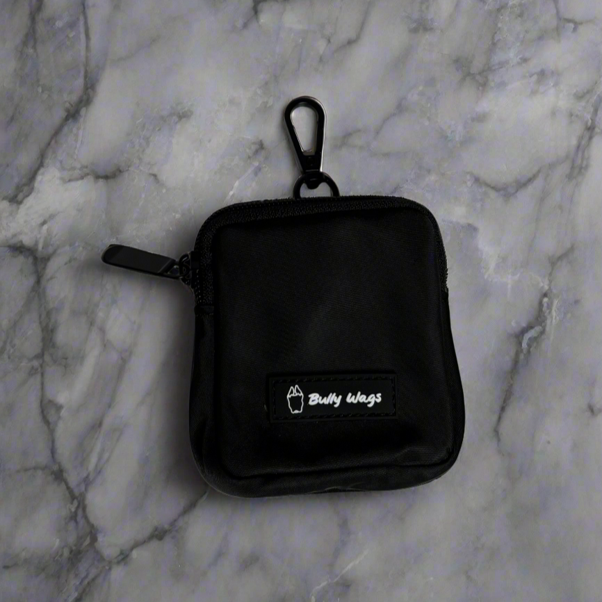 Black pouch with a brand logo on a white background