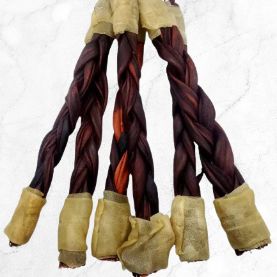 Set of braided collagen sticks with beige ends on a white background