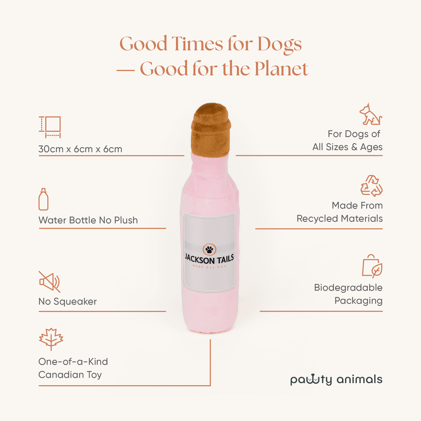 Dog toy shaped like a wine bottle with product details on a white background