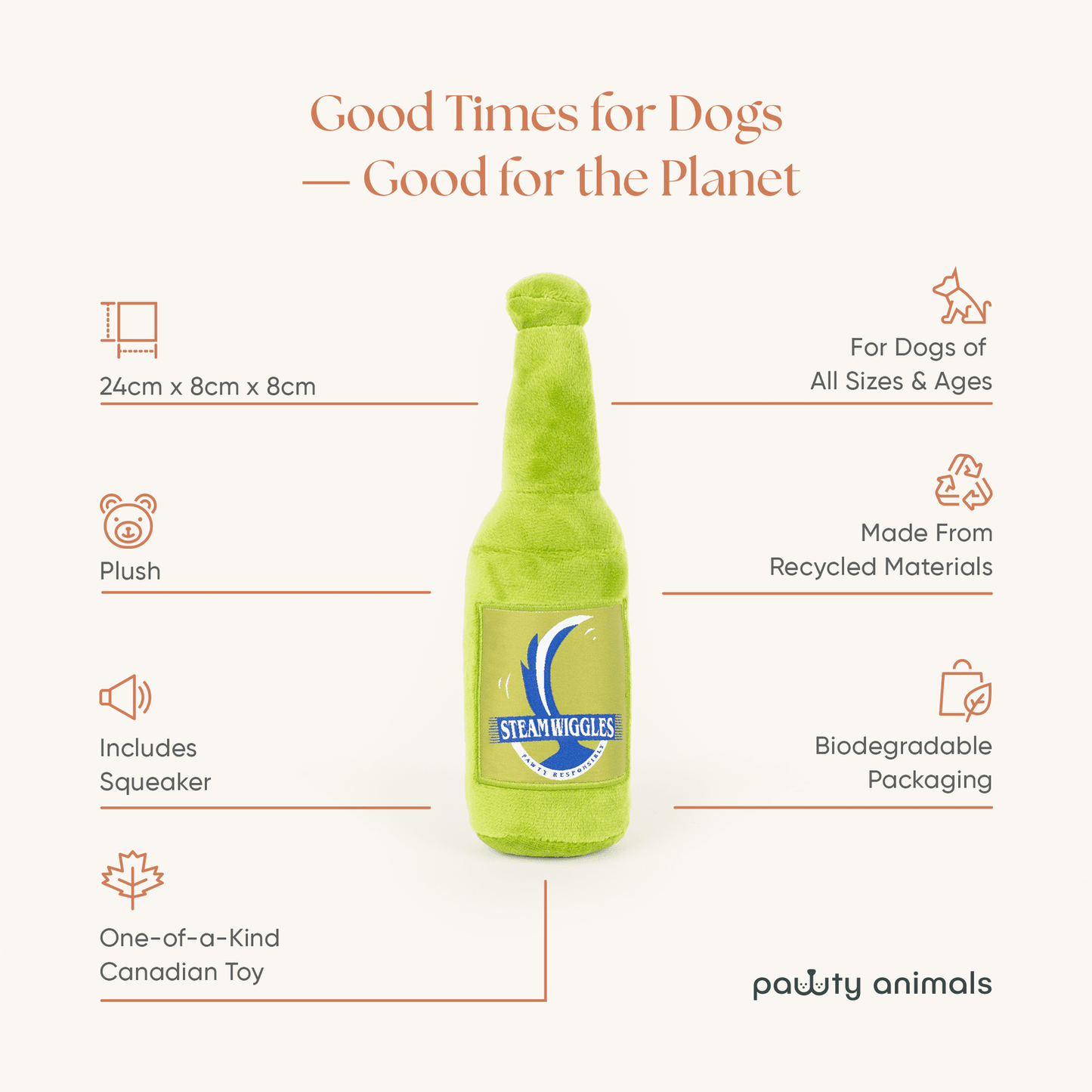 Green plush toy bottle with SteamWiggles branding on a white background, featuring product details.