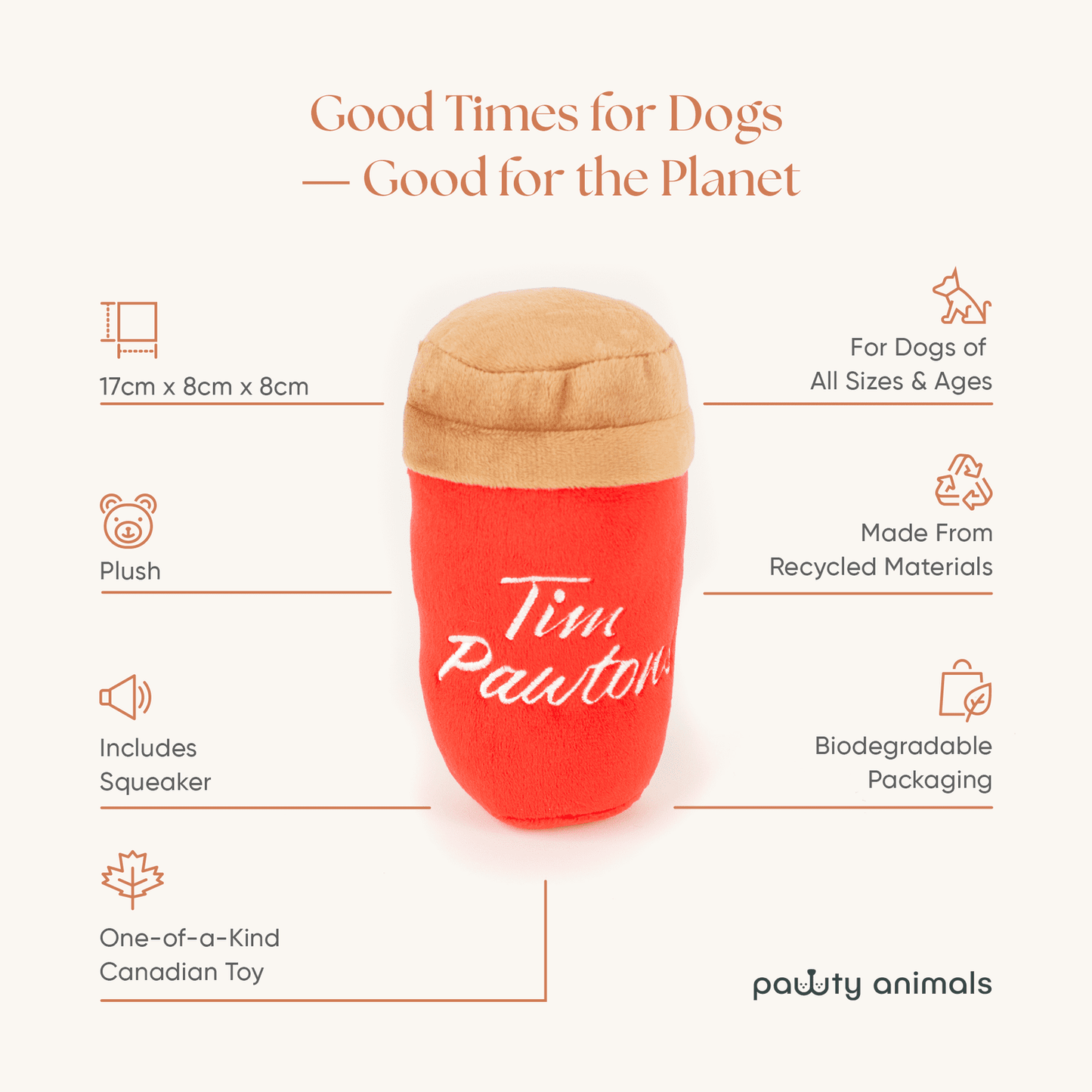 Red plush toy with beige top, featuring Tim Pawtore branding, on a white background with product details.