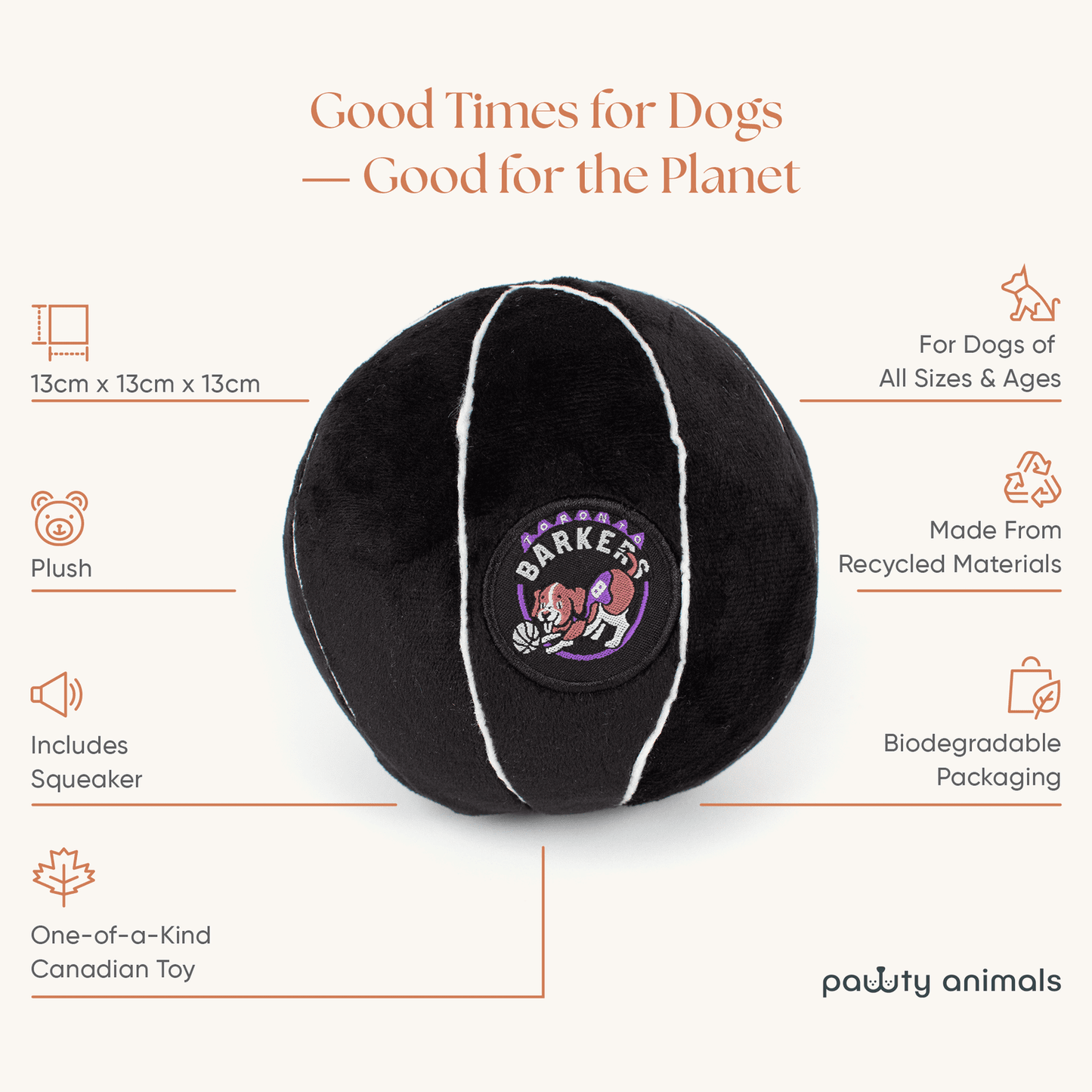 Black plush dog toy with white rim and 'Barker' branding, featuring product details on a white background.