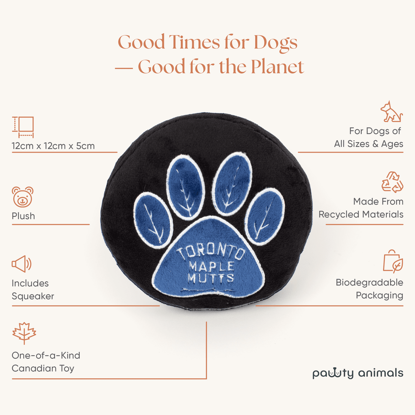 Dog toy with blue paw print and text on a white background