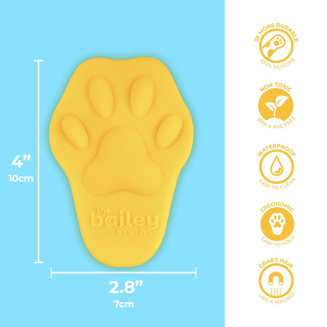 Yellow paw-shaped brush with dimensions and feature icons on a blue background