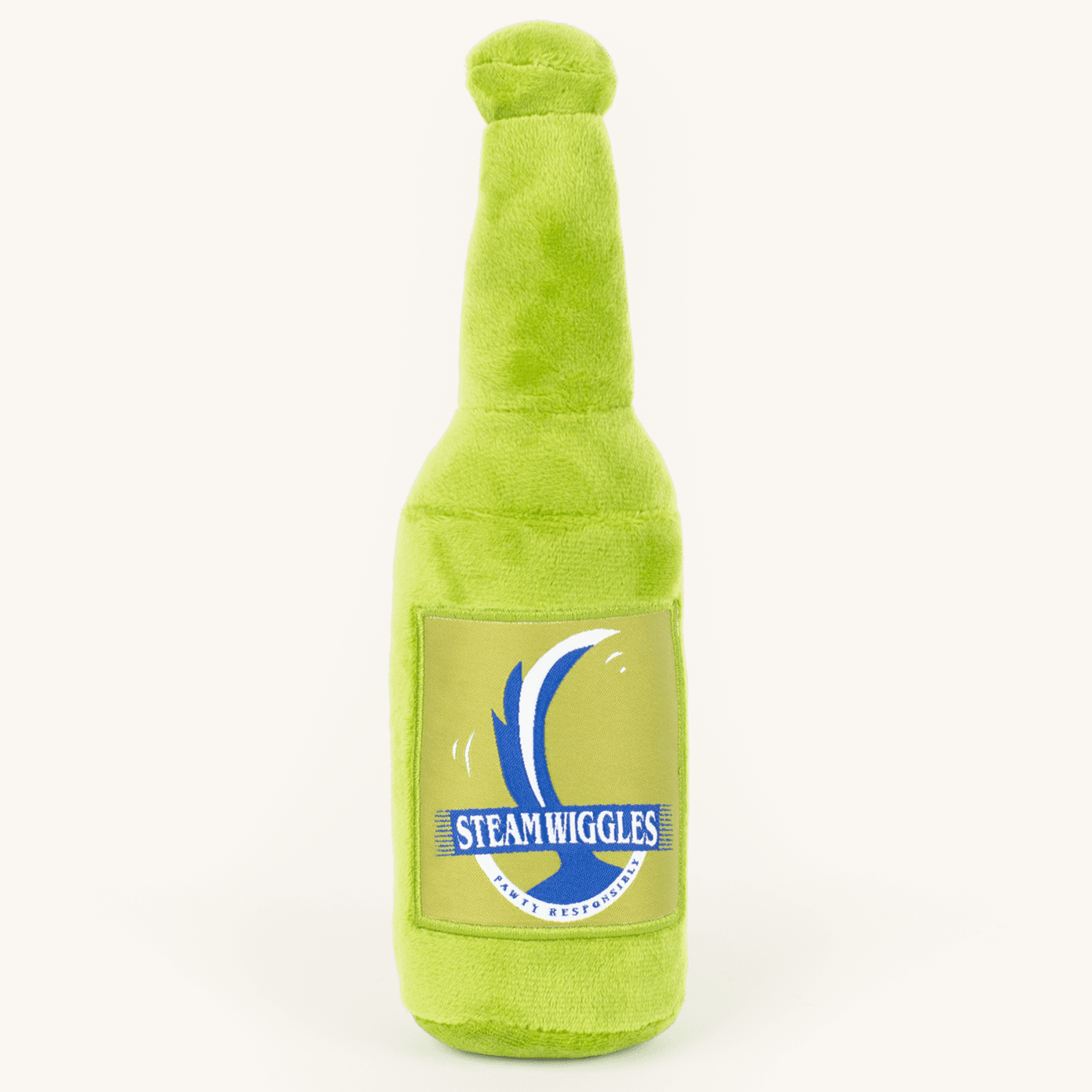Green plush bottle toy with 'Steam Wiggles' label on a white background