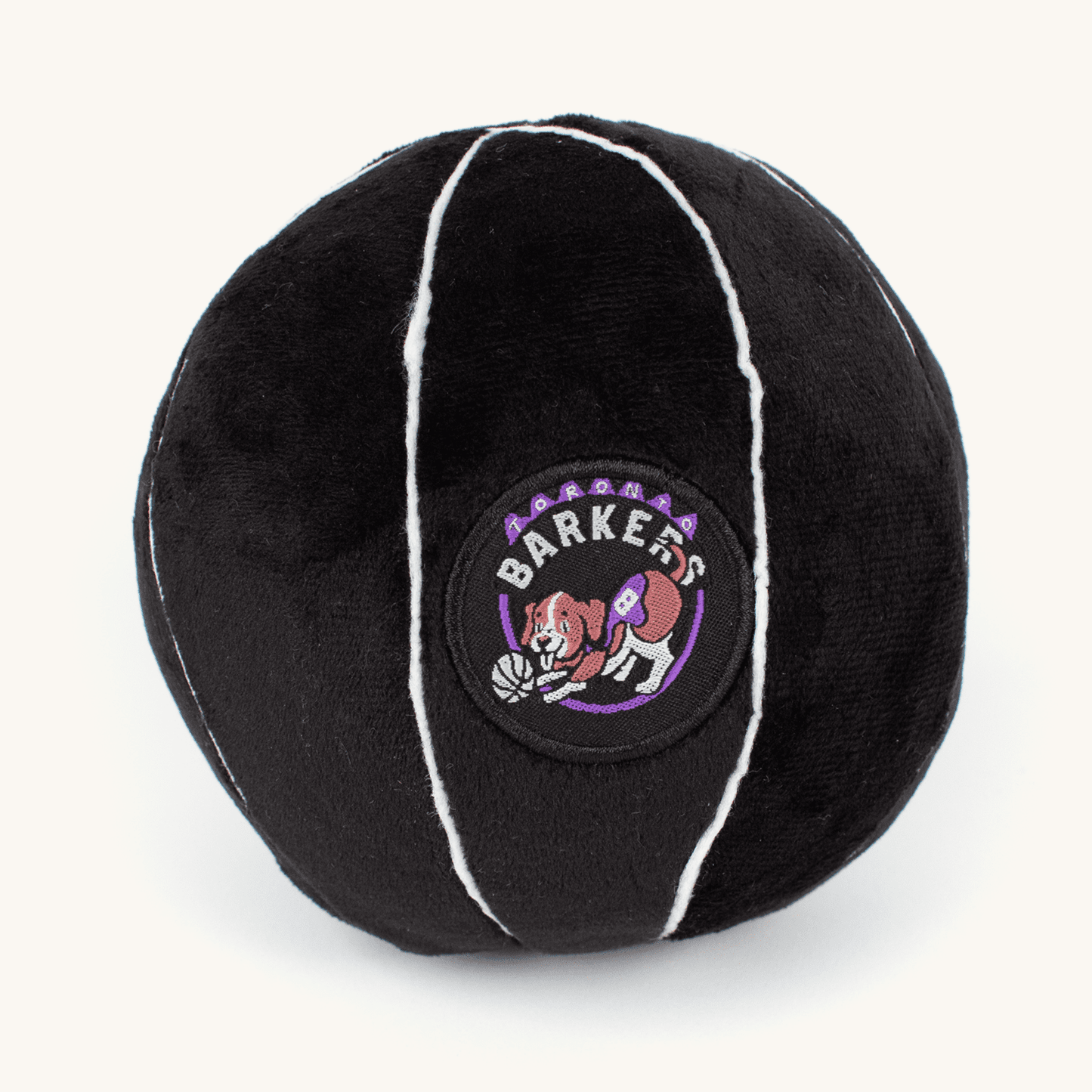 Black plush ball with white stripes and a logo on a white background