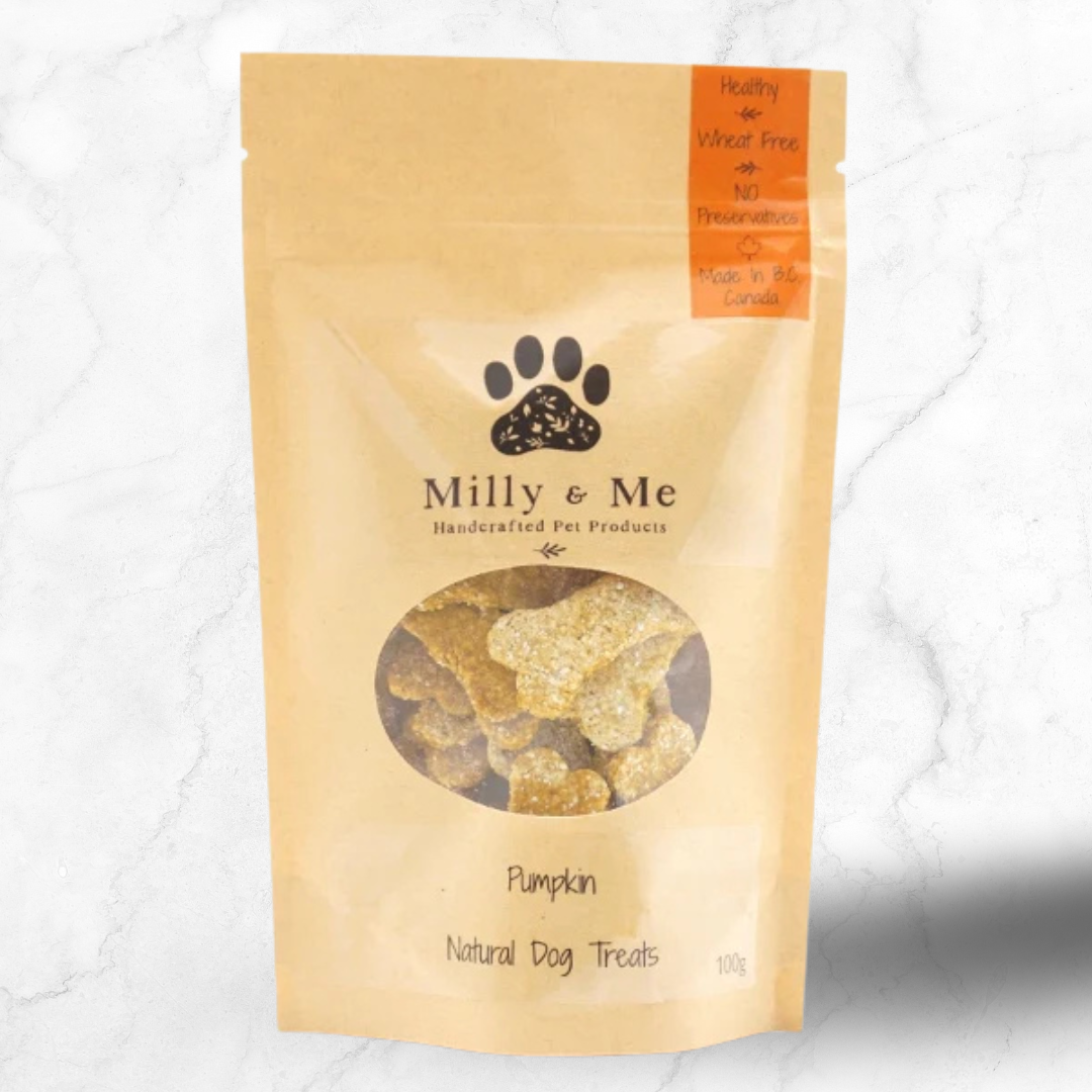 Milly & Me pumpkin natural dog treats package on a white background