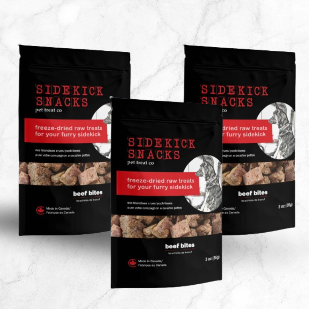 Three packages of Sidekick Snacks beef bites on a light gray background