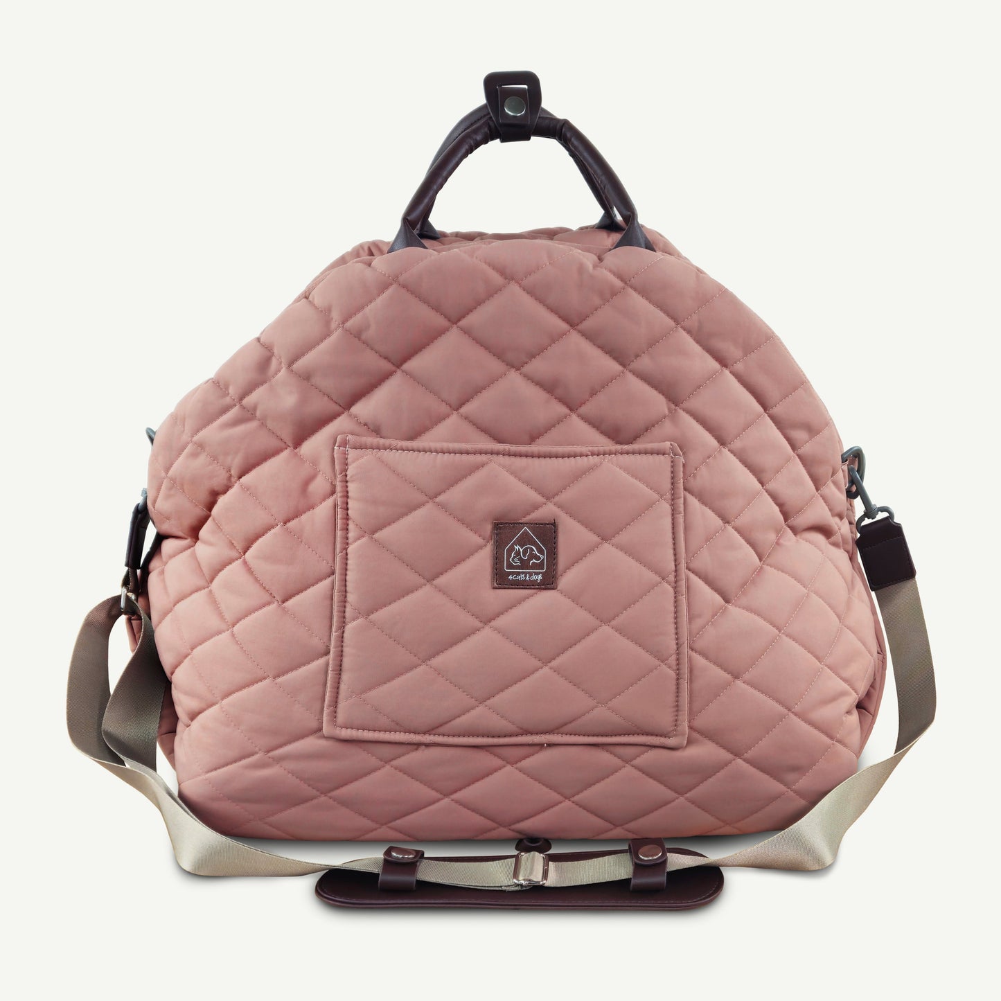 Quilted pink backpack with a visible brand logo on a light gray background