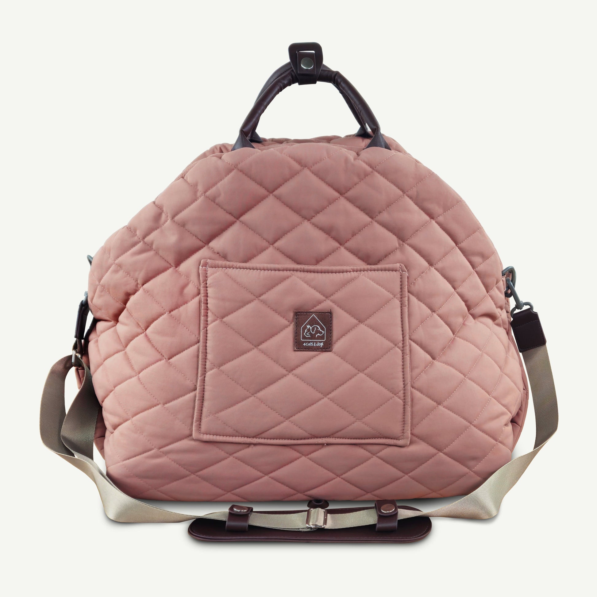 Quilted pink backpack with a visible brand logo on a light gray background