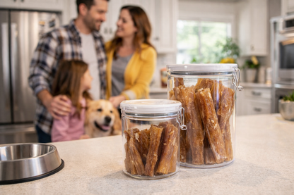Two jars of beef tendon dog treats on a kitchen counter with a family in the background.