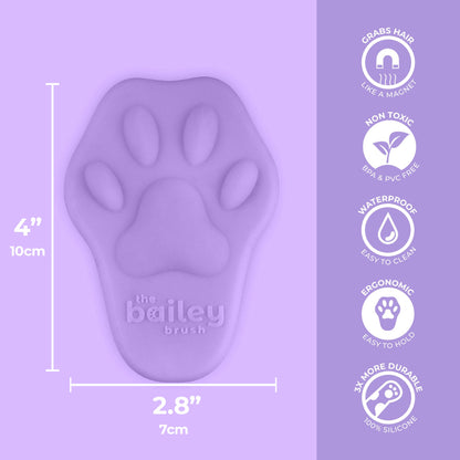 Purple paw-shaped brush with dimensions and features on a purple background