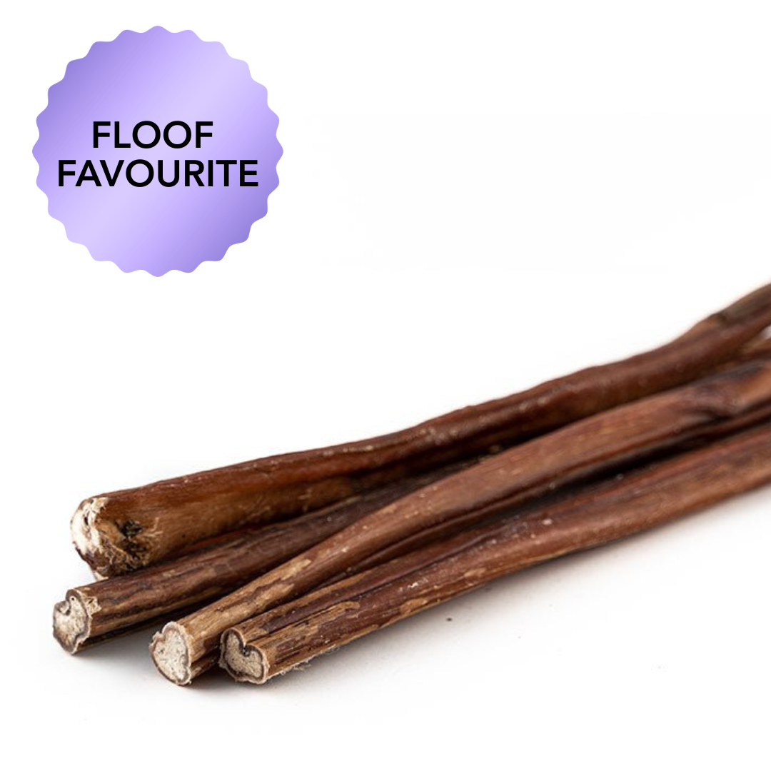 Three brown dog bully sticks chew on a white background with 'Flooof Favourite' label.