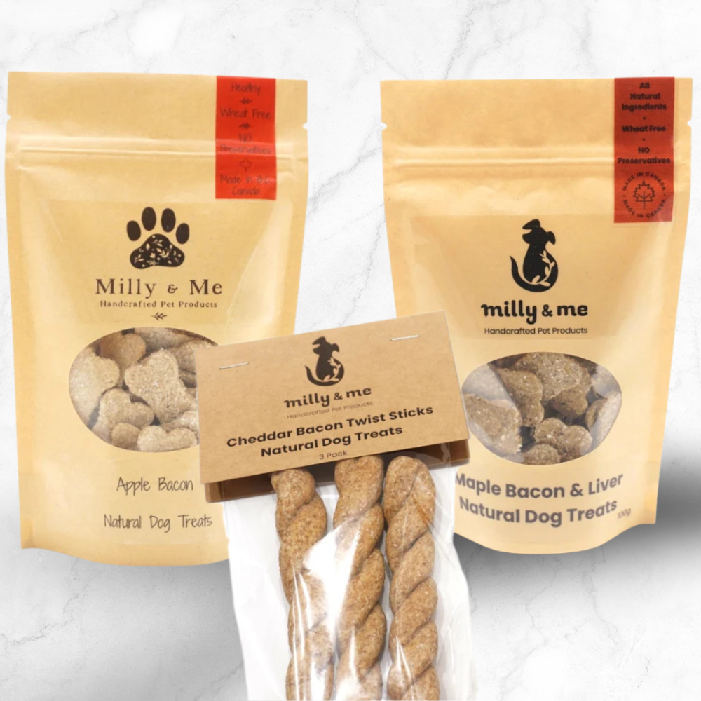 Trio of oven baked dog treats-apple bacon-cheddar bacon twist sticks-maple bacon and liver.