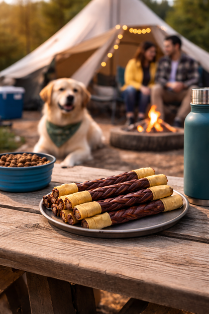 Dog treats on a plate with a dog, people, and tent in the background