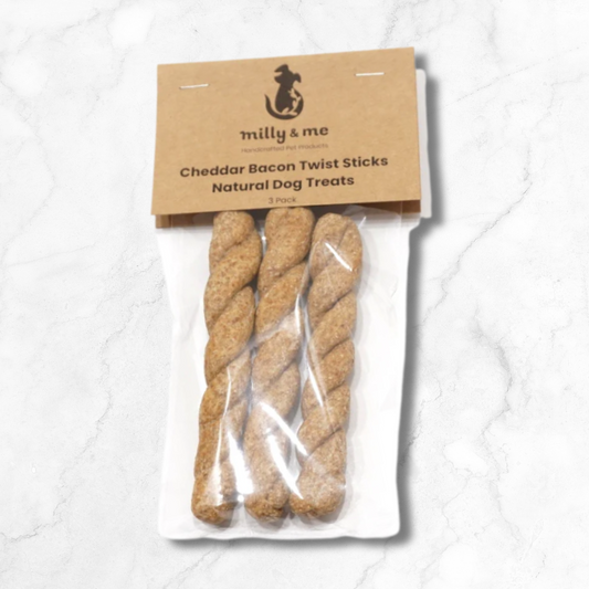 Packaged dog treats with 'milly & me' label on a white background