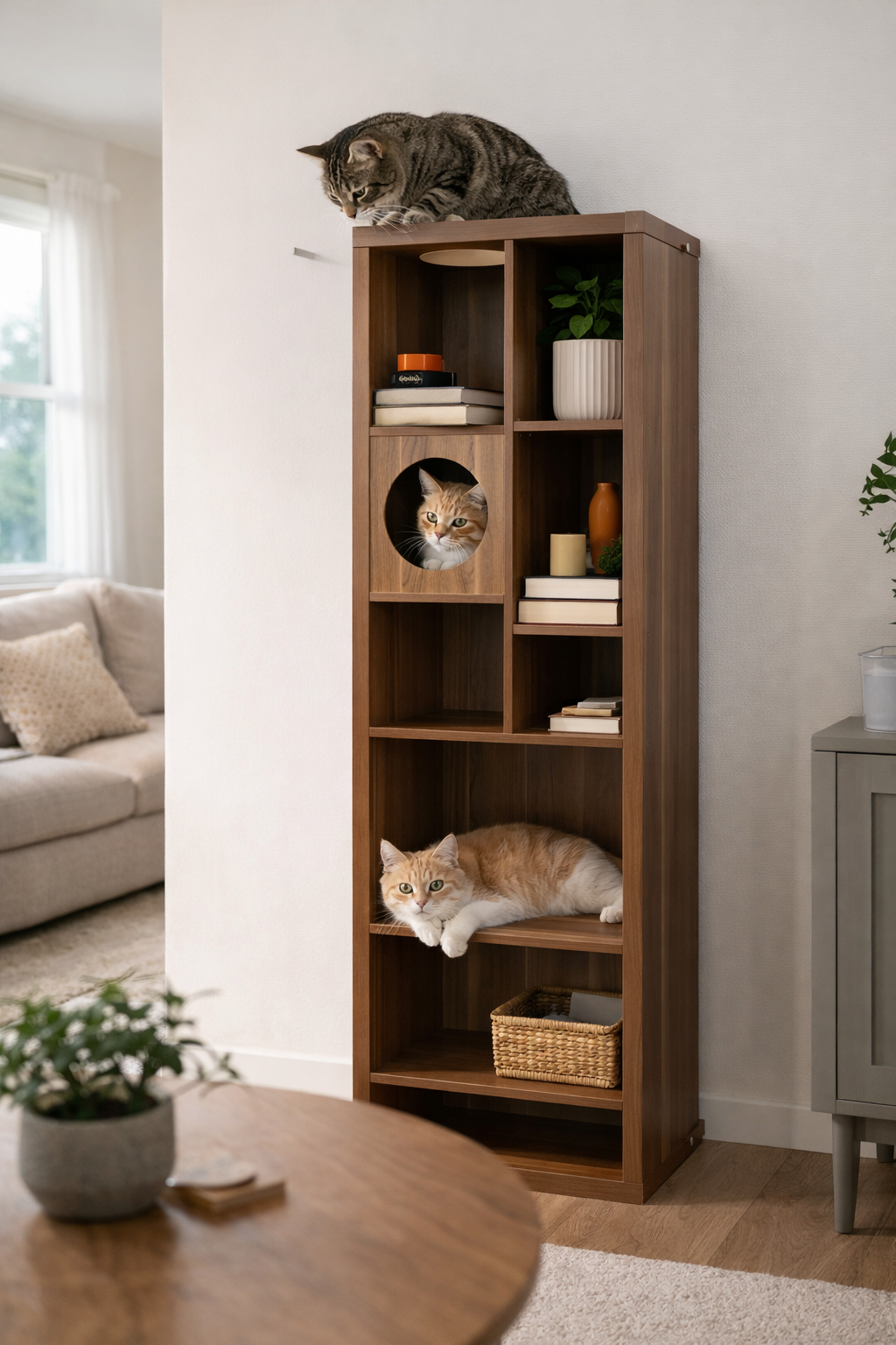 Wooden cat shelf with cats inside in a living room setting
