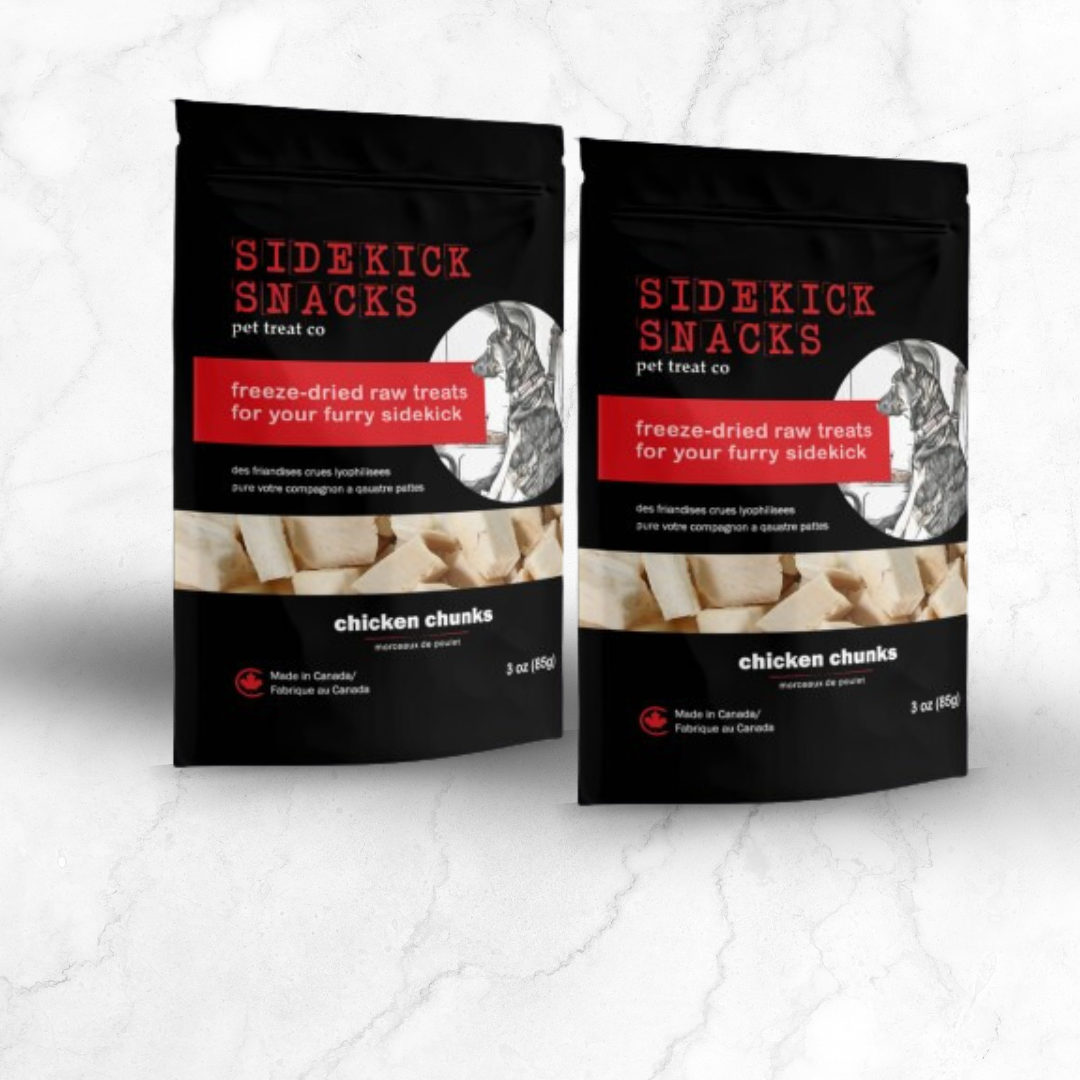 Two packages of Sidekick Snacks pet treat co on a white background