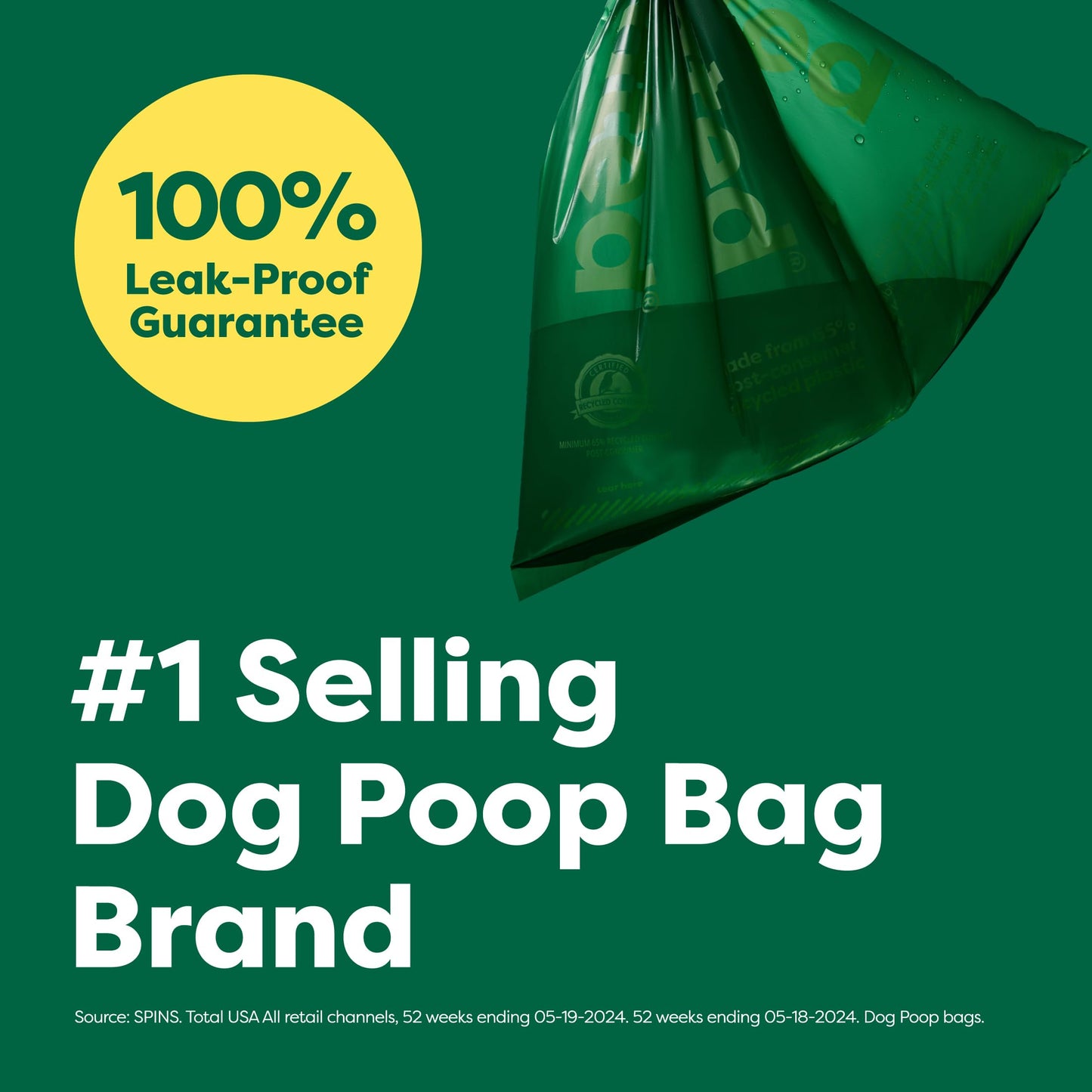 graphic that is mostly green to demonstrate the leak-proof guarantee that has a Earth Rated bag full off water.