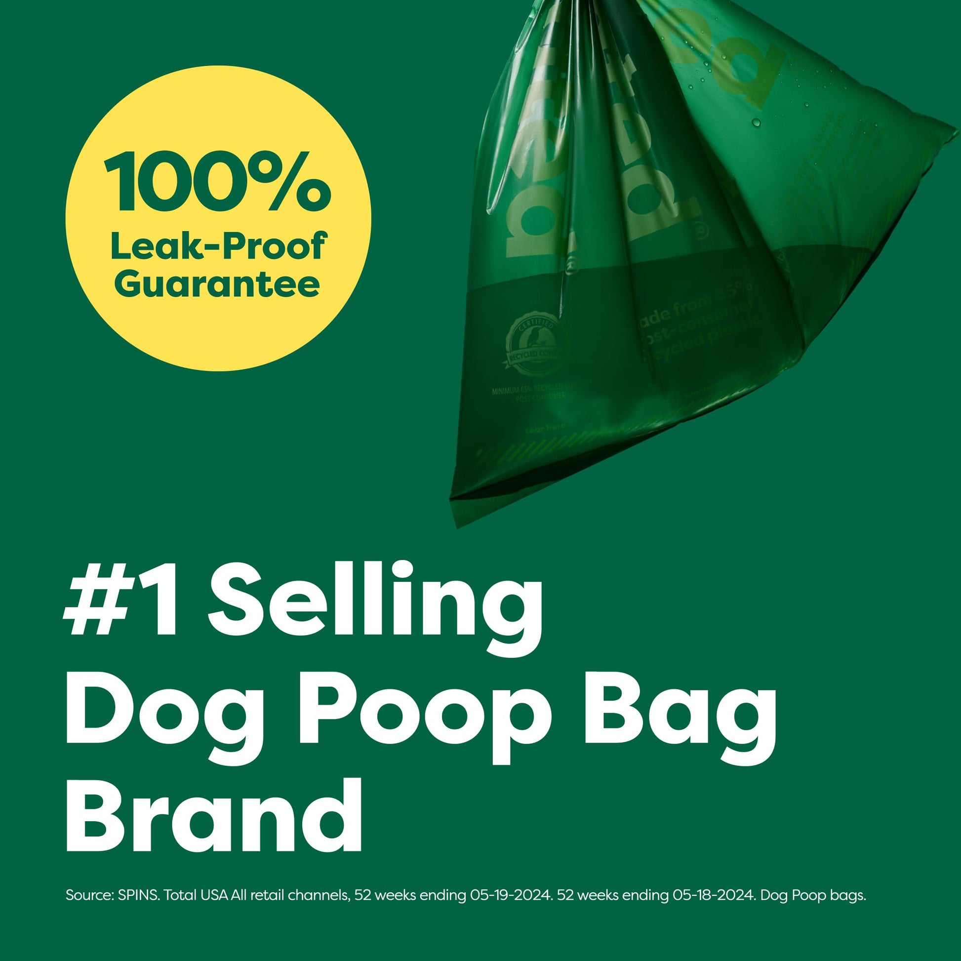 graphic that is mostly green to demonstrate the leak-proof guarantee that has a Earth Rated bag full off water.