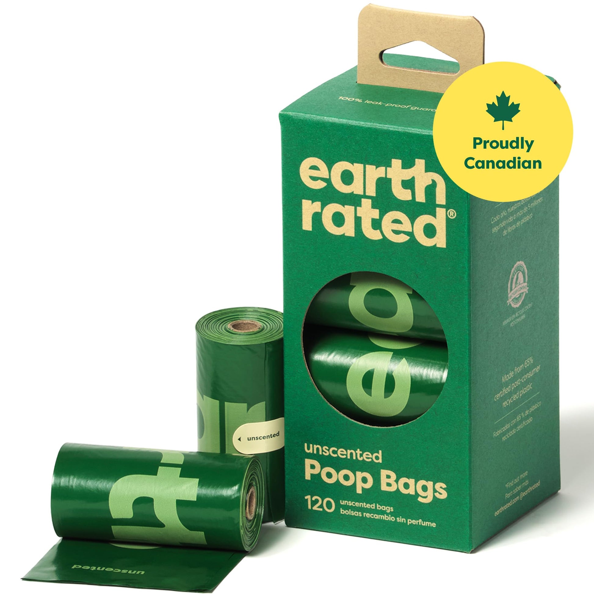 A pack of Earth Rated dog poop bags with a green and white branding, including 120 bags in the package.