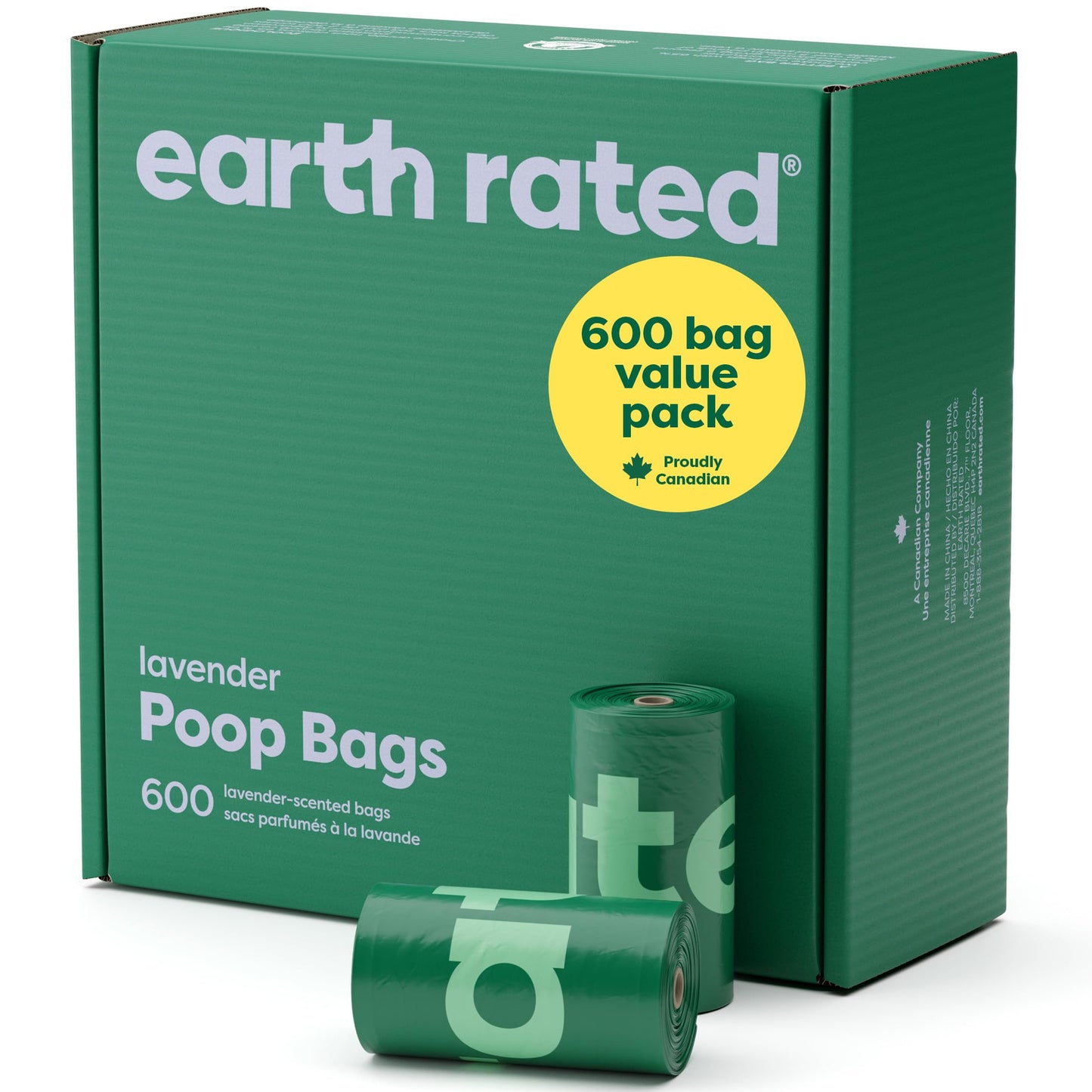 A box of Earth Rated dog poop bags with a green label indicating 600 value pack bags. The box is predominantly green with branding and product information.