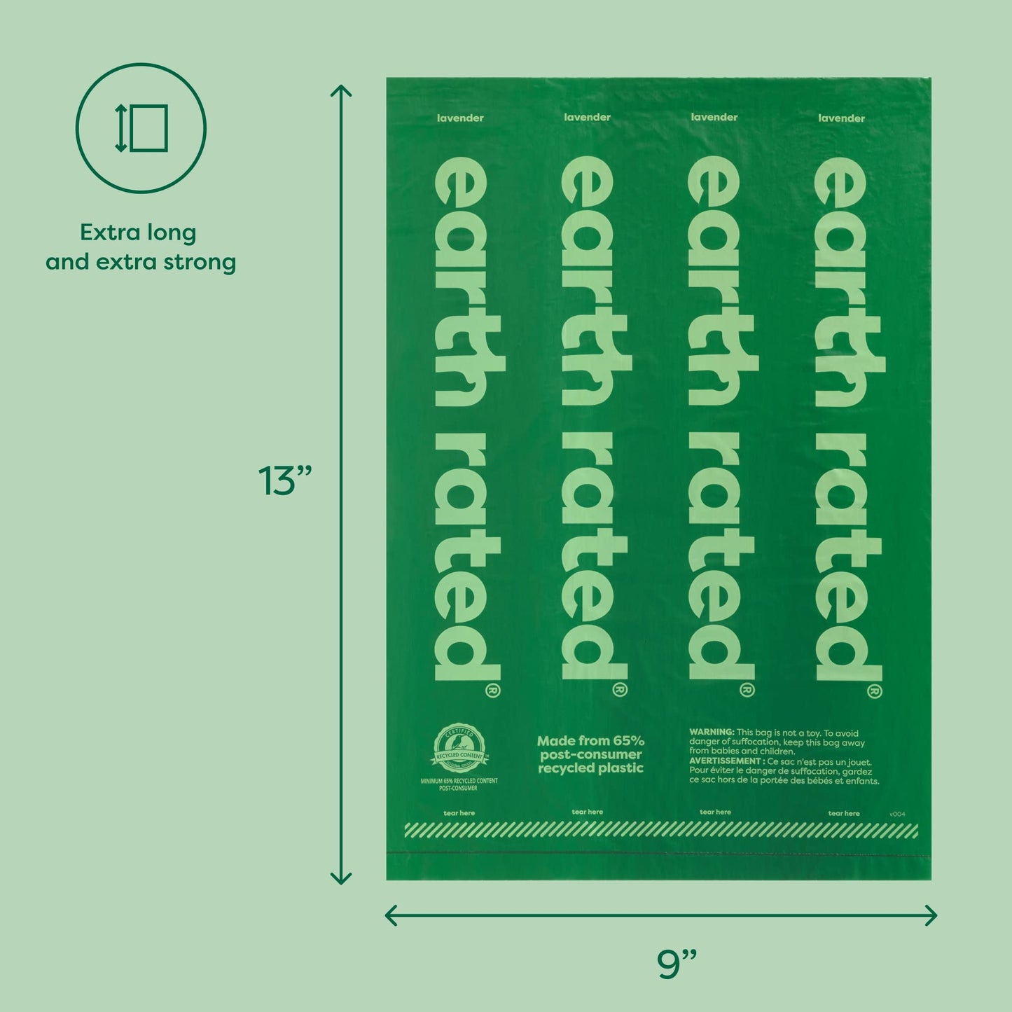 graphic that is mostly green showing the dimensions of the Earth Rated poop bag.