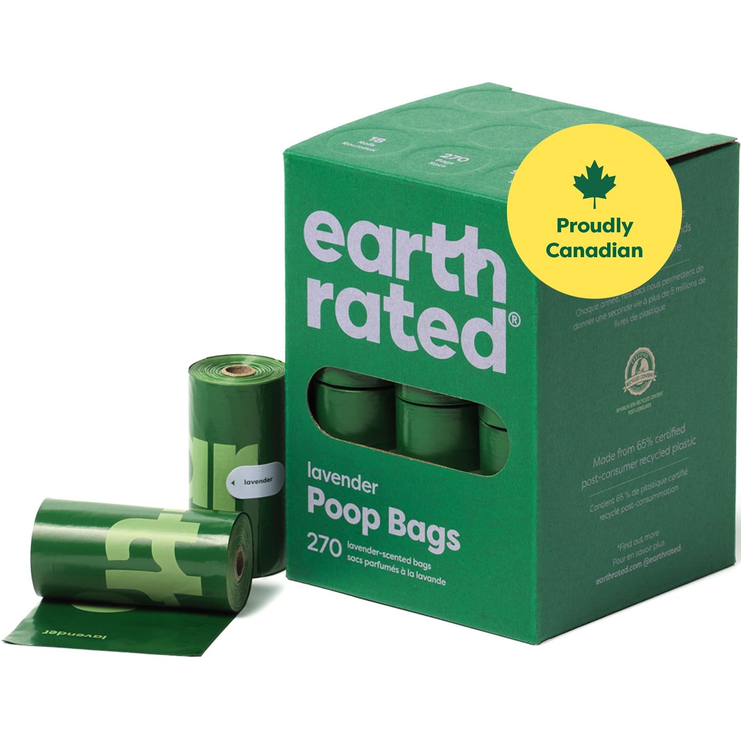 A package of Earth Rated dog poop bags with lavender scent, alongside a green label that says 'Proudly Canadian'.