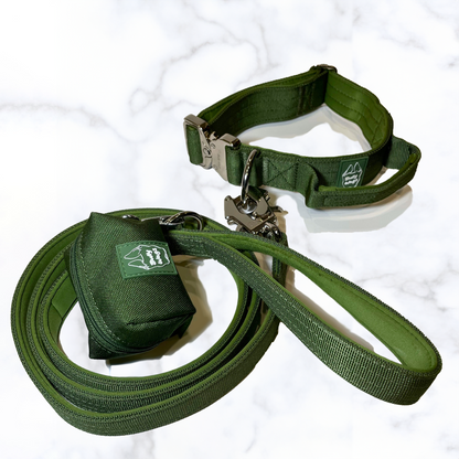 Tactical Collar with Handle, Leash, & Waste Bag Dispenser Set dog collar & leash from Floof Pet Products on a neutral background