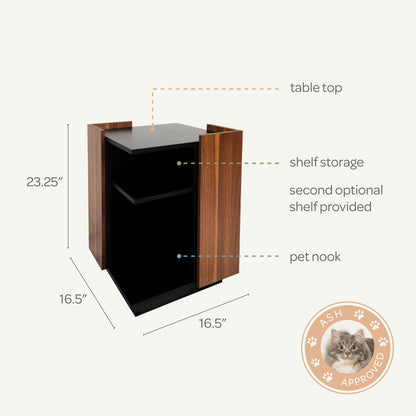 Dimensions and features of a wooden pet furniture piece with a cat approval badge.
