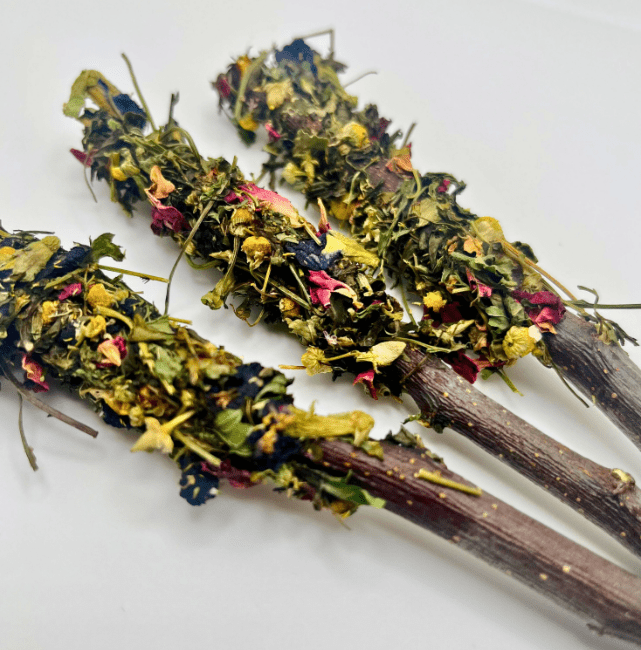 Dried herbs on sticks against a white background