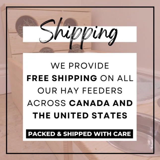 Promotional text about free shipping on hay feeders with a blurred background of a hay feeder.