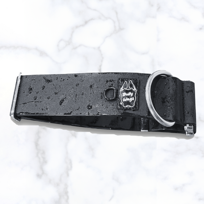 close up of a black waterproof collar with water droplets on it.