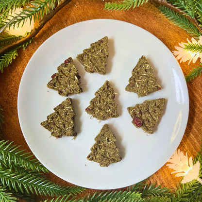 Green triangular timothy hay cookies on a white plate with Christmas tree decorations