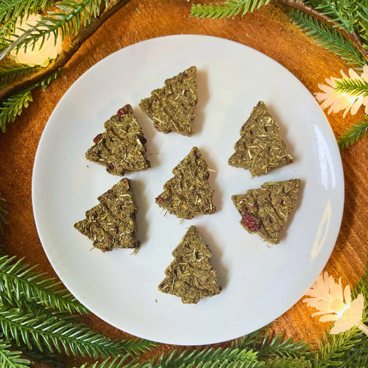 Green triangular timothy hay cookies on a white plate with Christmas tree decorations