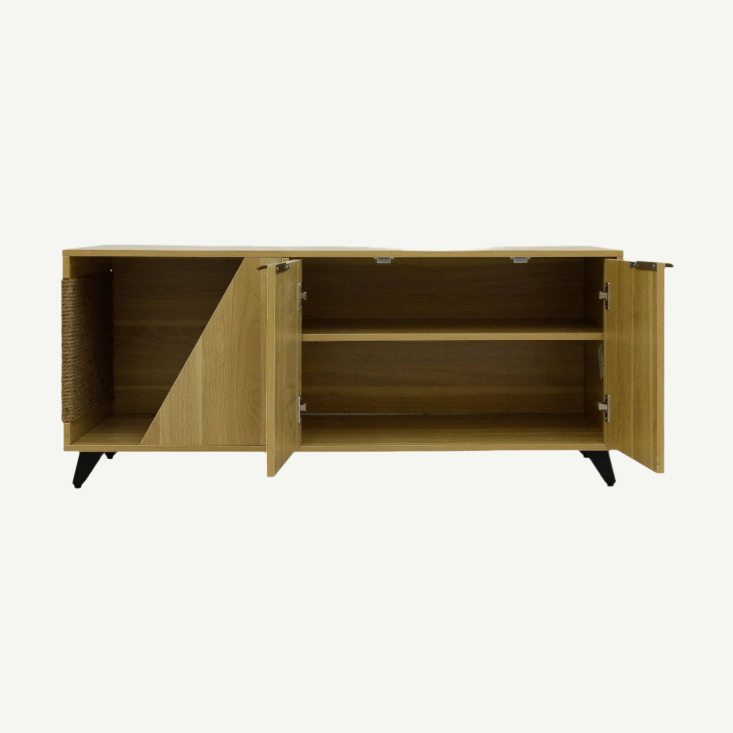 Wooden sideboard with open doors on a white background