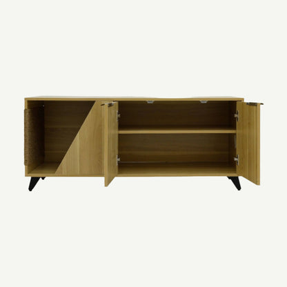 Wooden sideboard with open doors on a white background