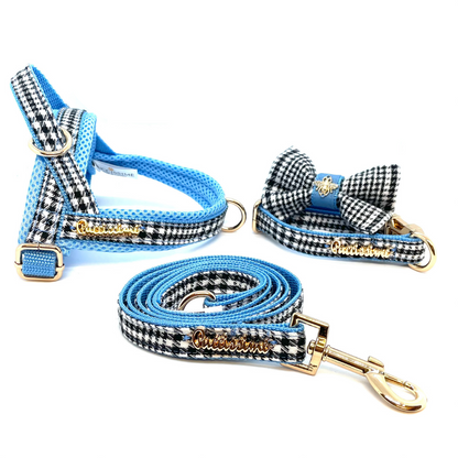 Dog harness, leash, and bow tie set with blue and black checkered pattern on a white background