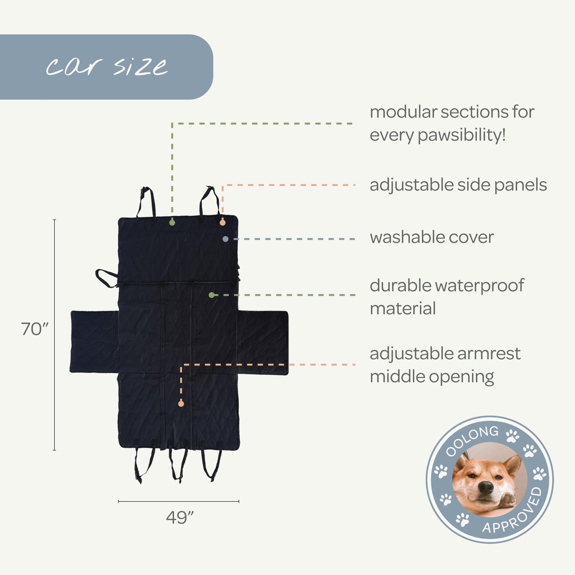 Dog car seat cover with features and measurements on a white background