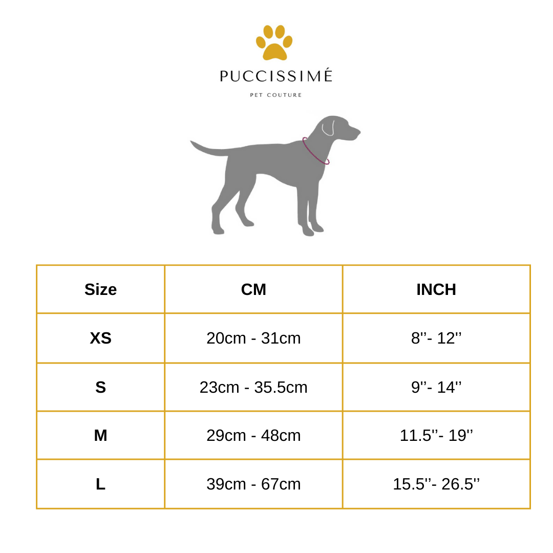 Size chart for dog collars by Puccissime on a white background