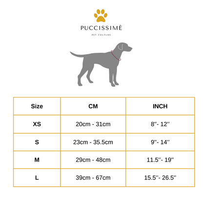 Size chart for dog collars by Puccissime on a white background
