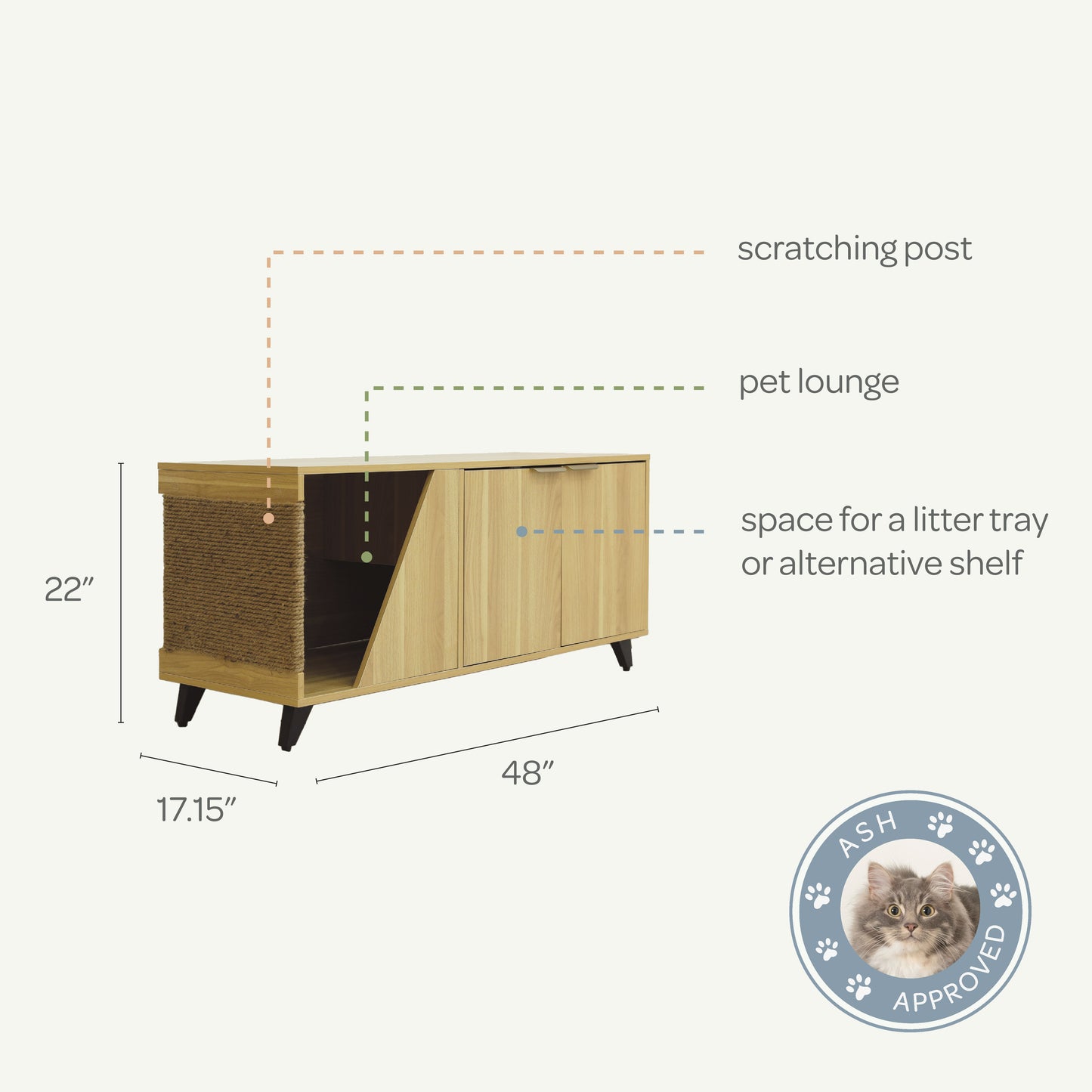 Wooden pet furniture with dimensions and features labeled on a white background