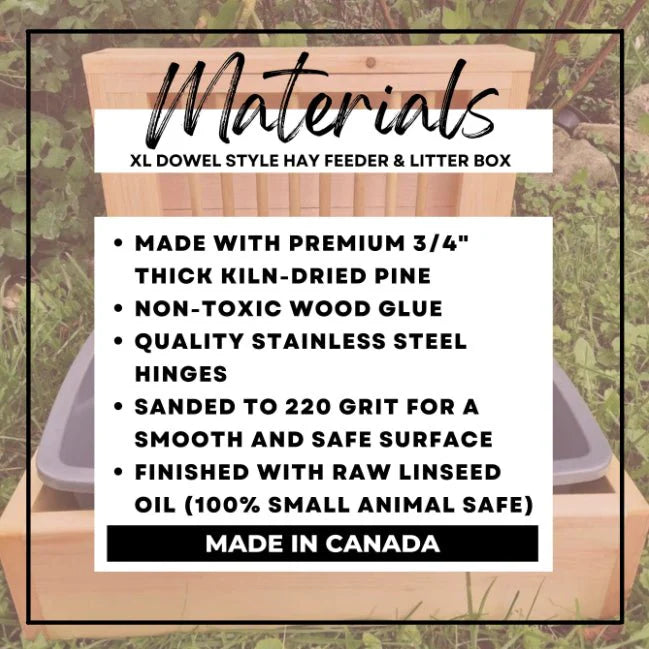 Wooden hay feeder with materials list on a natural background