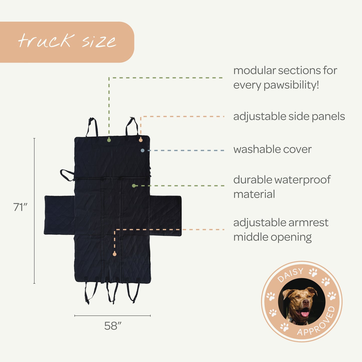 Dog car seat cover with features and dimensions on a white background