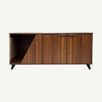 Wooden sideboard with a modern design on a white background