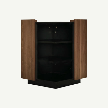 Wooden cabinet with open doors on a white background