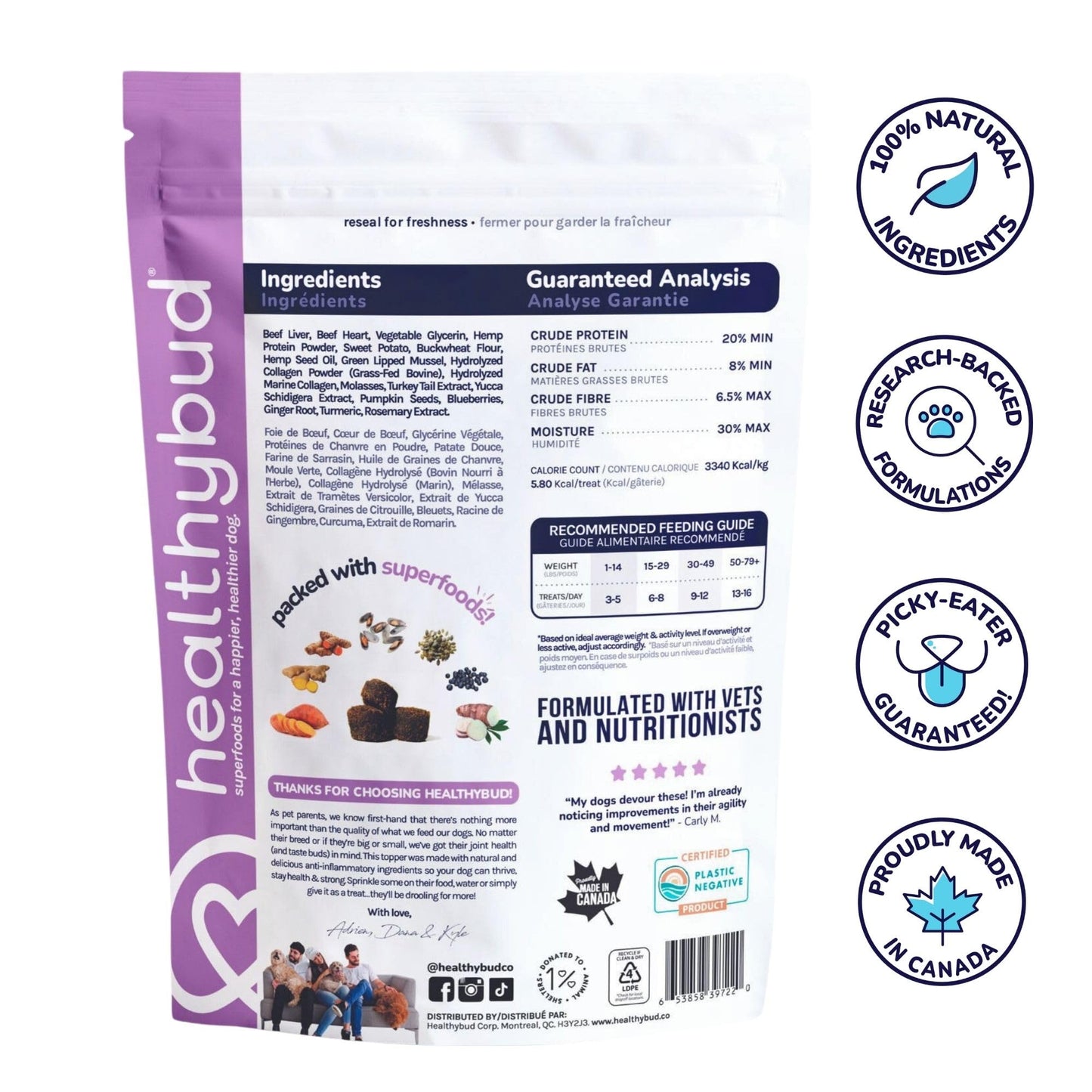 Graphic showing the back of the Healhybud Liver treats that support dogs with arthritis.