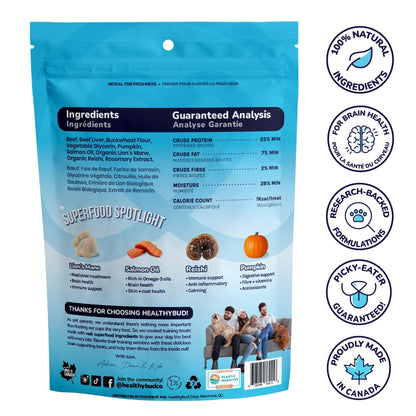 the back of the bag of package of HealthyBud Training Treats for dogs to show the ingredient list